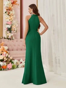SHEIN Belle Váy dạ hội nữ có bèo nhún phóng đại, thiết kế đuôi cá và xẻ tà phía trước, váy dạ hội trang trọng cho nữ, váy dự tiệc cưới thanh lịch, váy tốt nghiệp, váy dự tiệc tối - Màu xanh lá cây đậm - Xem 3