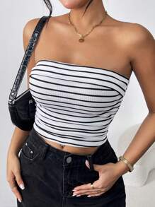 SHEIN Essnce Women's Tight Knit Striped Strapless Top - Black and White - View 4