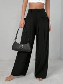 SHEIN Essnce Summer High Waist Pleated Wide Leg Suit Pants With Knot Design For Casual & Commute