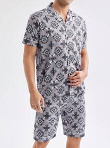 Men Fashionable Loose Fit Casual Print Short Sleeve And Shorts Homewear Set - Purple - View 3