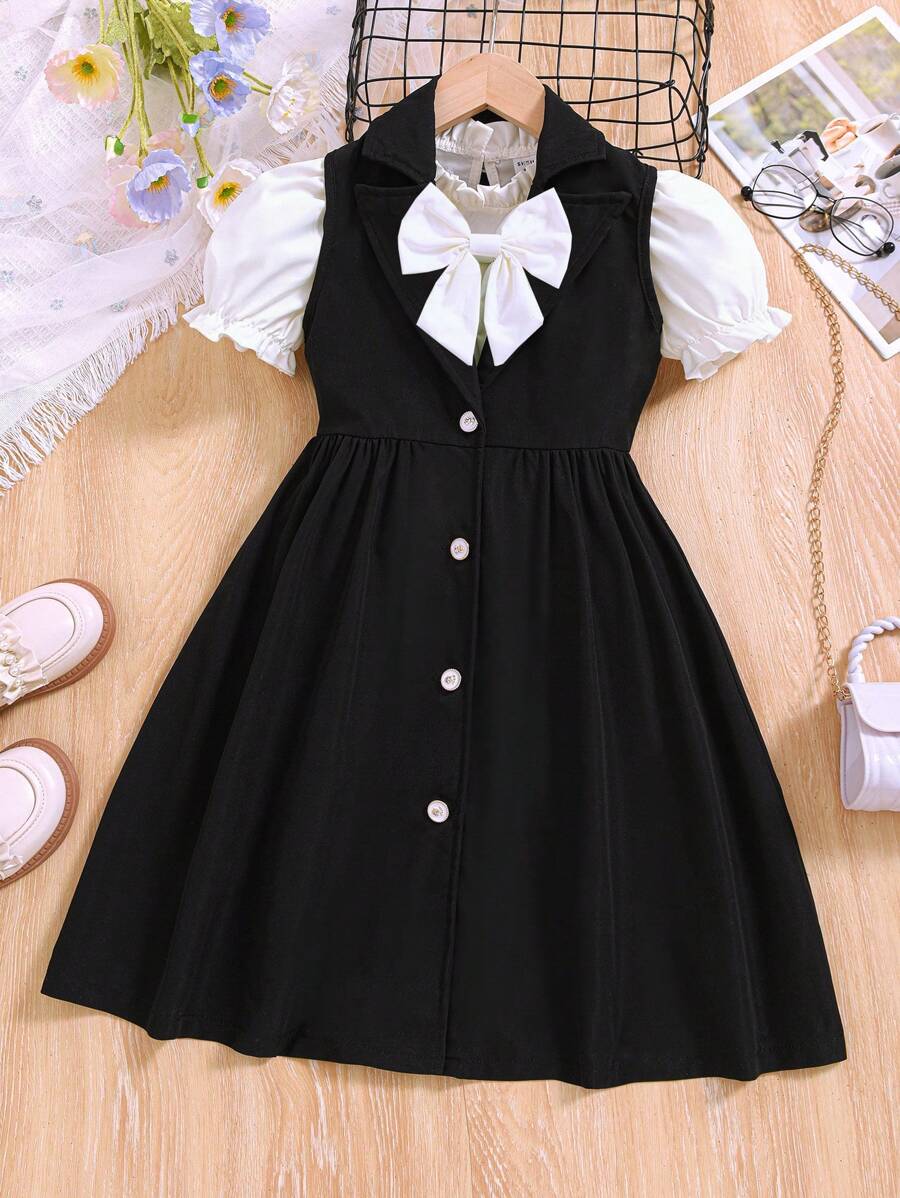 SHEIN 2 cái/bộ Áo tay phồng có nơ trang trí cho bé gái Tween và áo khoác không tay một bên ngực - Đen và trắng - Xem 1