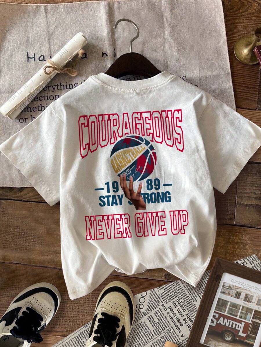 SHEIN Áo thun cổ tròn tay ngắn họa tiết bóng rổ đơn giản cho bé trai tuổi mới lớn, phù hợp cho mùa hè - trắng - Xem 1