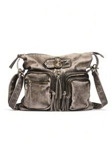 新款時尚女士hobo袋大容量肩背包,多袋橫跨包適用於女性 - 煙灰色 - 查看 2