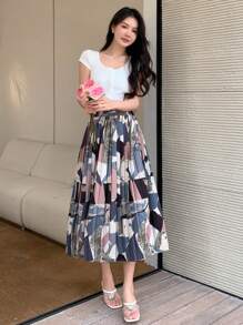 DAZY Women's Geometric Printed Pleated Skirt,Fall Clothes