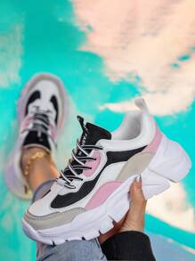 Women Colorblock Lace-up Front Chunky Sneakers, Round Toe Sporty Shoes For Daily - Multicolor - View 7