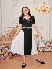 SHEIN 小女孩可愛珍珠裝飾彩色拼接百褶裙 - 黑與白 - 查看 3