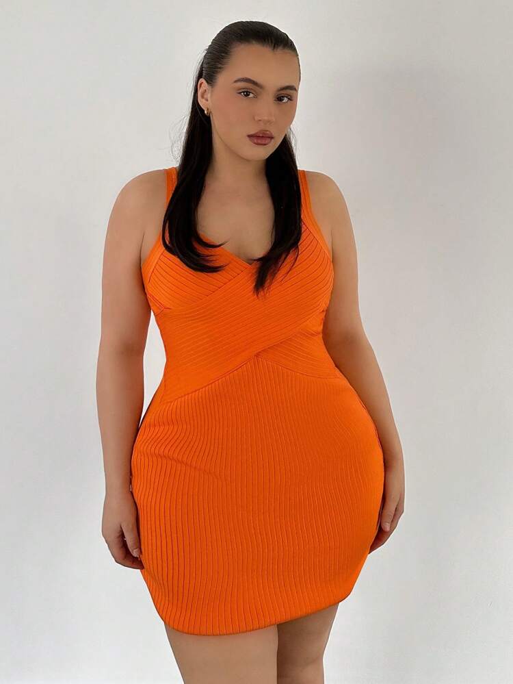 Plus Size Summer Solid Color Rib Knit Slim Fit Spaghetti Strap Mini Bandage Dress