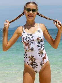 Teen Girls' One-Piece Swimsuit With Palm Tree & Giraffe Print And Spaghetti Straps - Multicolor - View 1