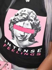 SHEIN 女士雕塑和字母印花短袖 T 恤图案 T 恤女士上衣 - 黑色 - 查看 2