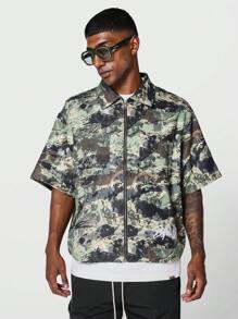 SUMWON Boxy Fit Twill Zip Shirt With All Over Print - Green - View 1