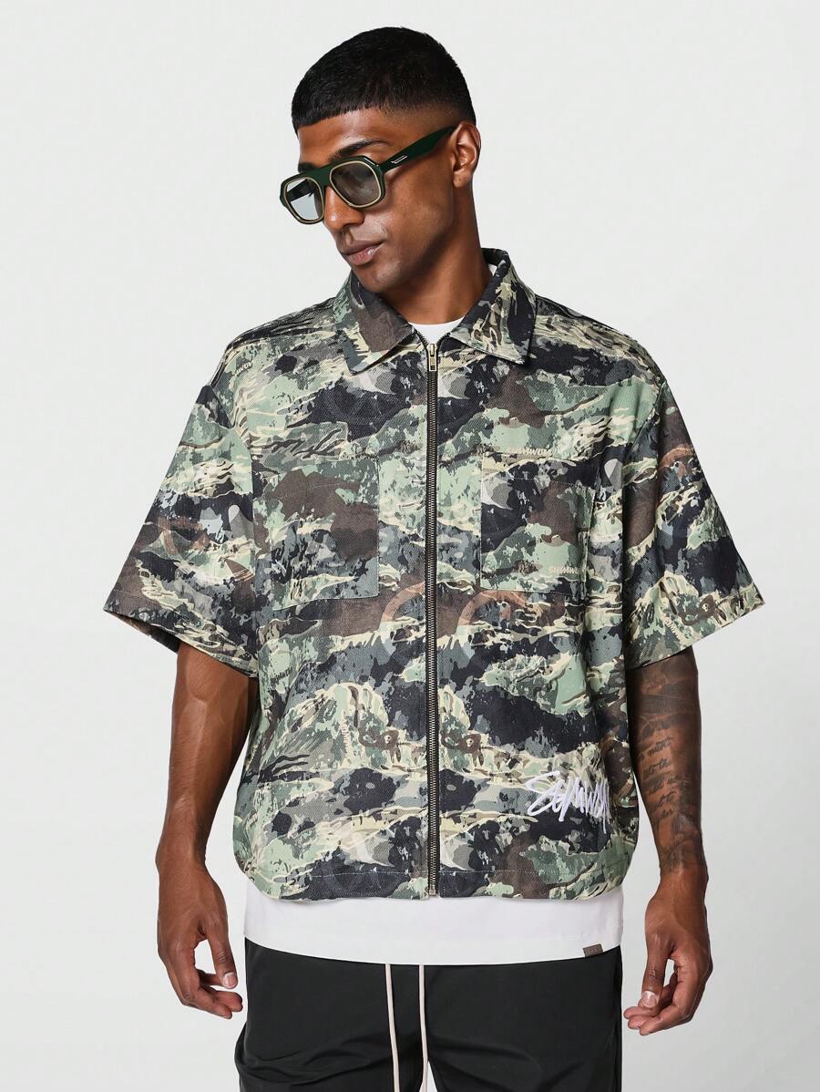 SUMWON Boxy Fit Twill Zip Shirt With All Over Print - Green - View 1