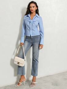 Anewsta 女士优雅条纹 V 领褶皱修身办公衬衫 - 藍白色 - 查看 4