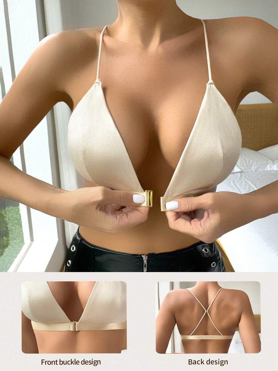 Music Festival Front Closure Comfortable Back Cross Design Bra - Apricot - View 1