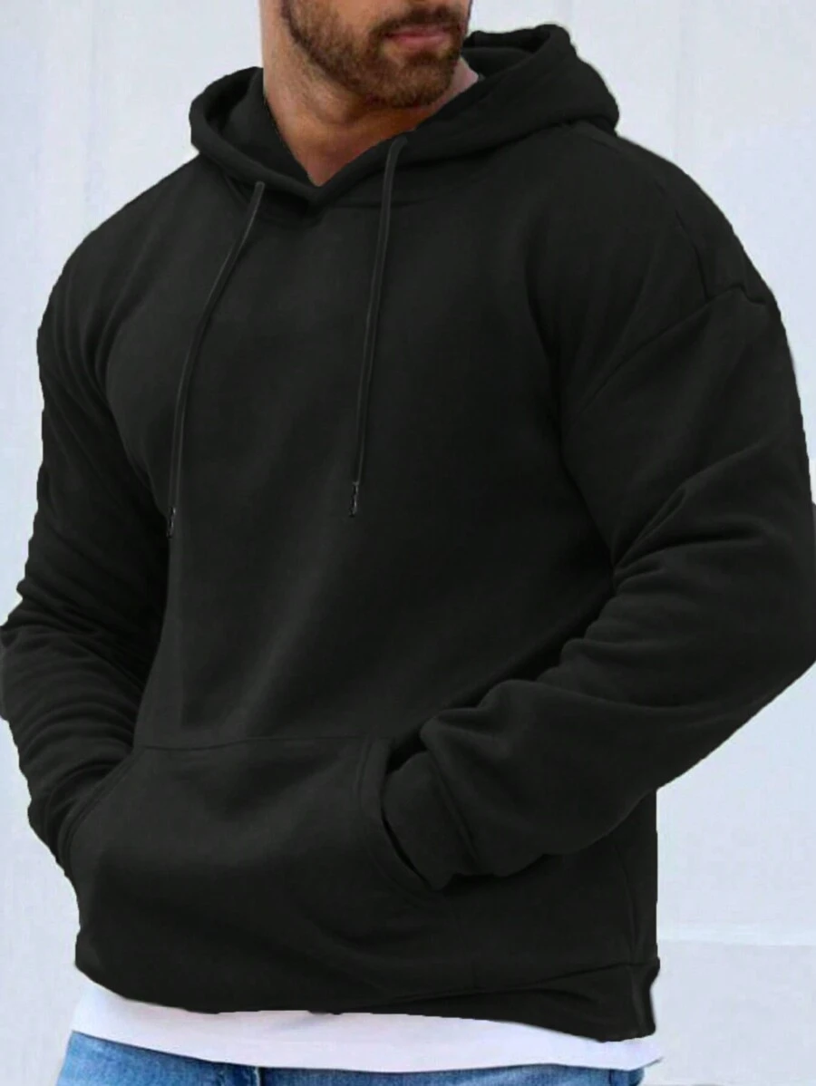 Manfinity Homme 男士加大號純色束口帽衫,適用於秋冬季 - 黑色 - 查看 1
