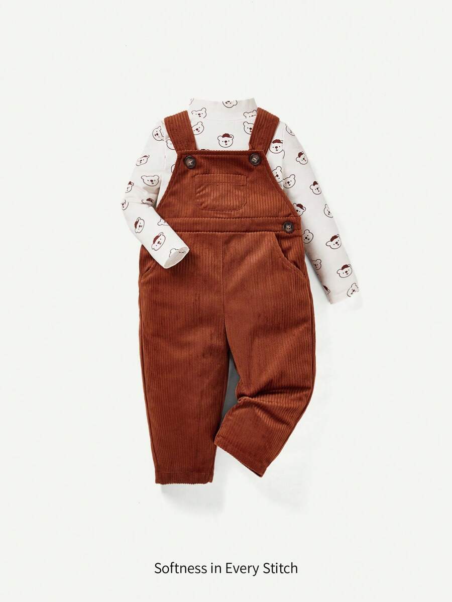 Cozy Pixies Baby Boy Bear Print Tee & Solid Overalls - Brown - View 1