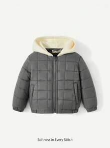 男婴拼色拉链连帽冬季外套 - 灰色 - 查看 1