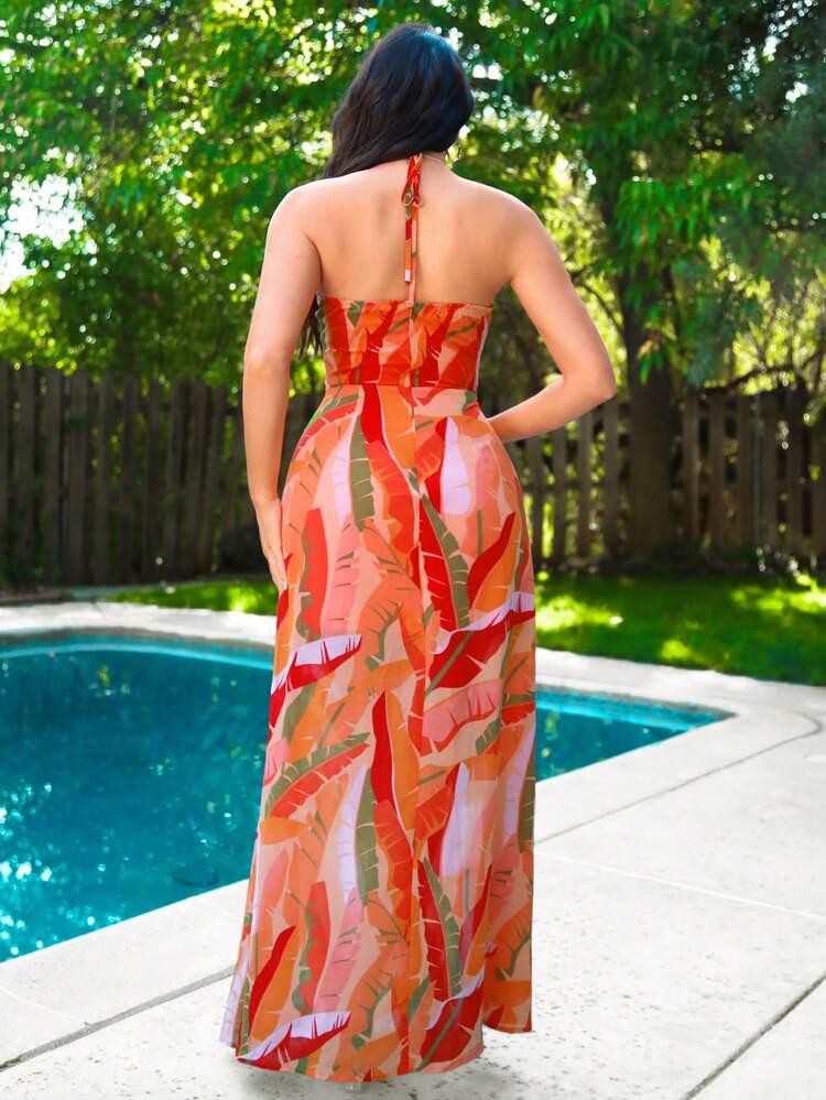 Summer Holiday Tropical Plants And Flowers Print Chiffon Halter Neck Cut-Out High Slit Dress For Women