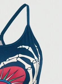 Doodleandpattern Gothic Heart Eyes Skull Print Women's Camisole - Navy Blue - View 5