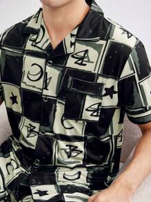 Men's Checkered Pattern Letter Print Short Sleeve Shirt And Shorts Homewear Set - Black - View 7