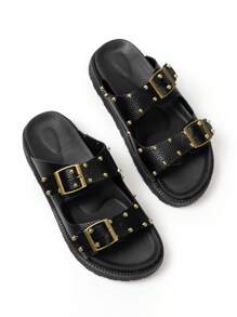 Women's Black Studded Platform Thick Sole Slide Sandals Valentines