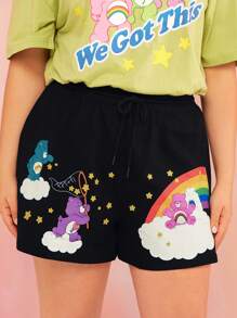 SHEIN X Care Bears Cộng với quần short eo có dây rút in hình gấu cầu vồng dễ thương dáng rộng giản dị cho mùa hè - màu đen - Xem 4