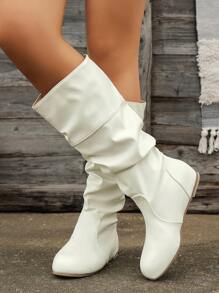 WRCVS Botas altas de mujer con puntera redonda, material de piel de poliuretano arrugado, decoración de moda, con interior con aumento de altura, decoración de hebilla, botas de montar