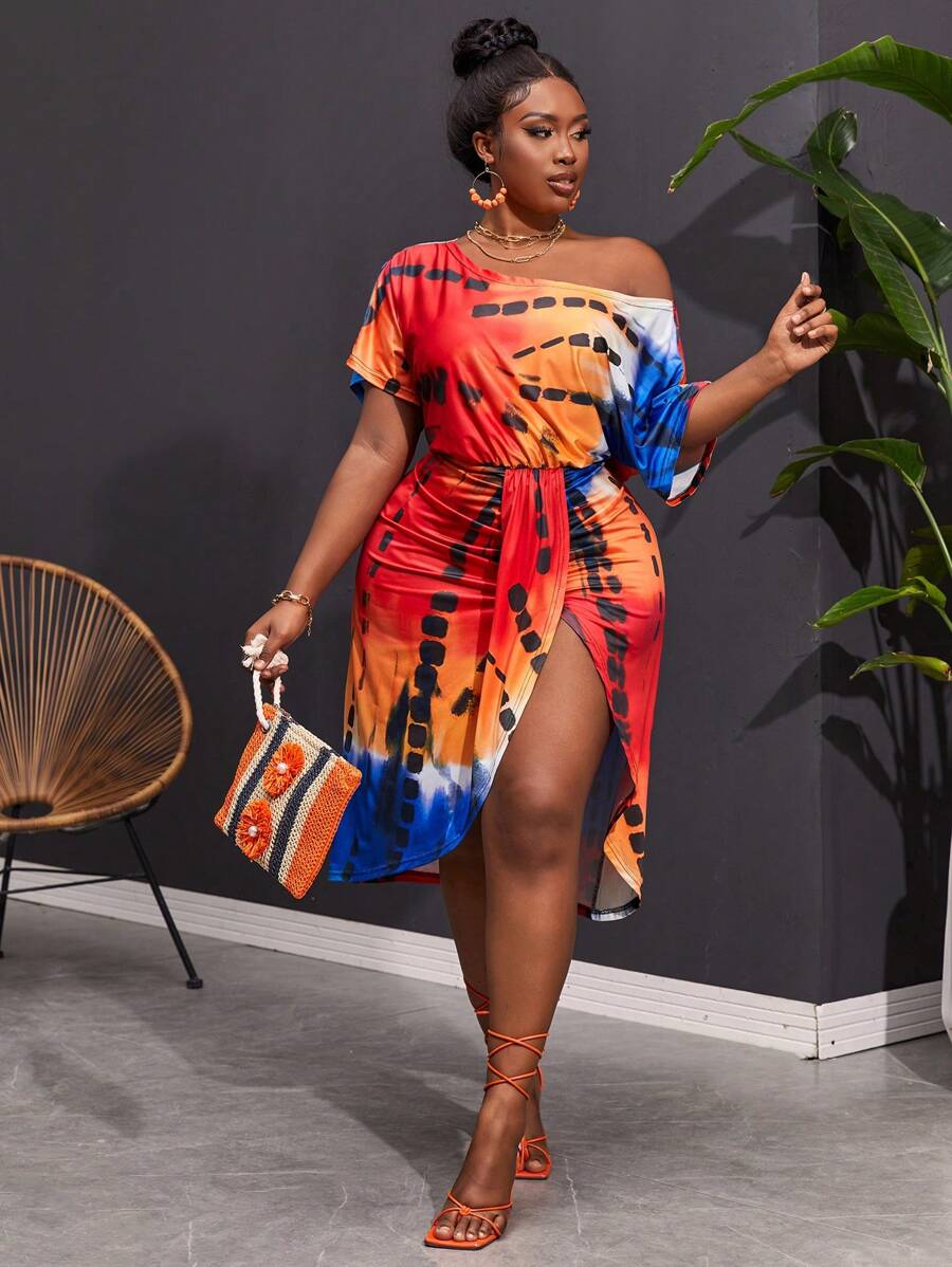 Maweii 加大码性感波西米亚扎染印花不对称垂肩高开衩连衣裙，适合夏季长款女装 - 彩色 - 查看 1