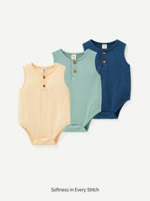 Cozy Pixies 3 件男嬰柔軟針織純色圓領無袖連身衣 - 綠色 - 查看 1