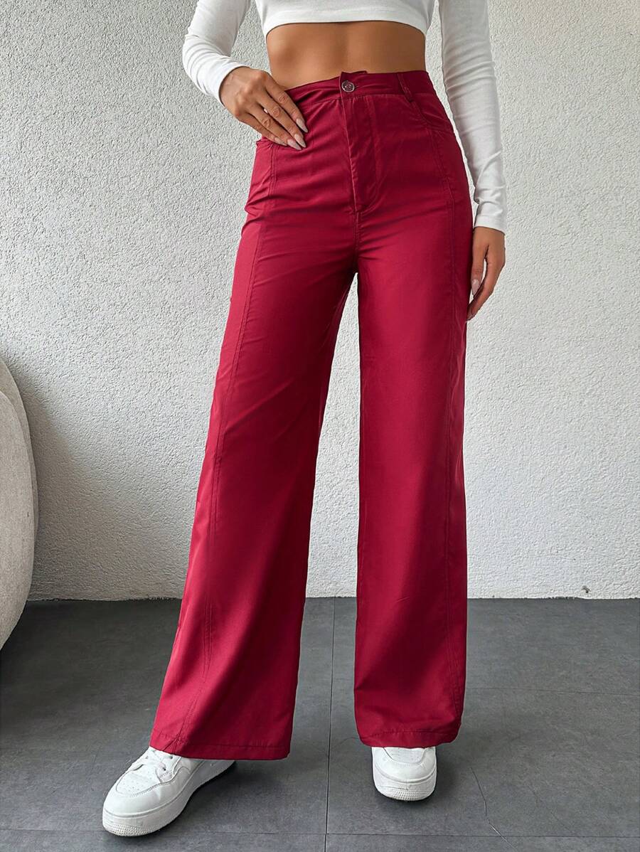 EURMUSE Women's Solid Color Wide Leg Casual Pants, Suitable For Spring, Summer, And Autumn - Burgundy - View 1