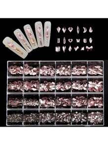 1 Box Nail Art Accessory Light Pink 24 Grid Mixed Style Assorted Diy Nail Decoration With Flat Bottom Rhinestone, Asymmetric Rhinestone, Colorful Glass Rhinestone, And Small Round Rhinestone - Màu Hồng baby - Xem 2