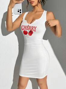 SHEIN EZwear 女士樱桃图案 V 领无袖修身迷你连衣裙，休闲简约风格，夏季 - 白色 - 查看 4