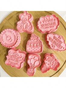 8pcs Happy Birthday Cookie Cutter,Balloon and Cake Shaped Cookie Stamp,Plastic 3D Cartoon Pressable Biscuit Mold DIY Cookie Stamp Kitchen Baking Accessories Pastry Bakeware - Pink - View 2