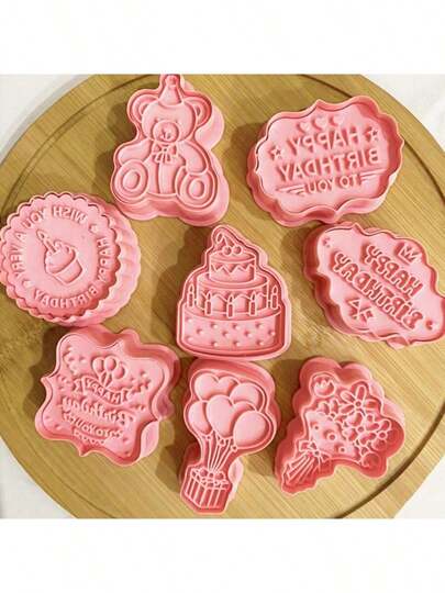 8pcs Happy Birthday Cookie Cutter,Balloon and Cake Shaped Cookie Stamp,Plastic 3D Cartoon Pressable Biscuit Mold DIY Cookie Stamp Kitchen Baking Accessories Pastry Bakeware