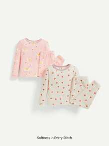 Baby Mädchen kuschelige Pyjama-Set, Cartoon bedruckter farbversetzter Rundhalsausschnitt Pullover-Top mit Fußhose, 4 teile/Set