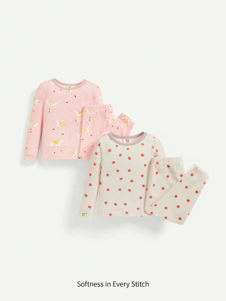 Baby Mädchen kuschelige Pyjama-Set, Cartoon bedruckter farbversetzter Rundhalsausschnitt Pullover-Top mit Fußhose, 4 teile/Set