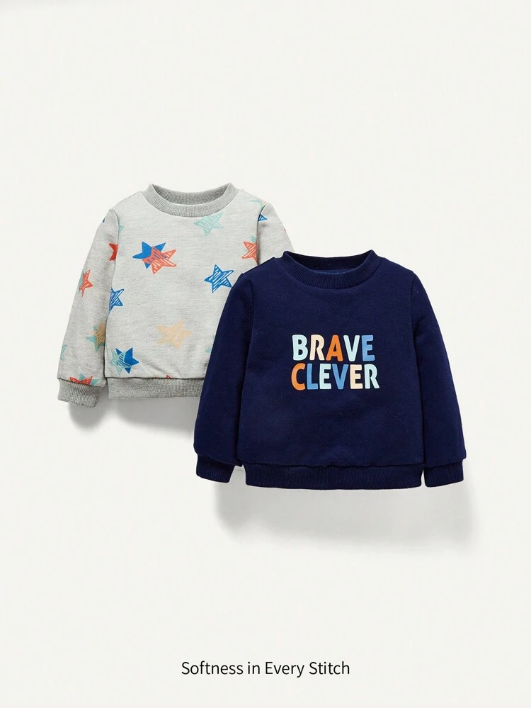 Baby Boy 2pcs Slogan & Star Print Pullover