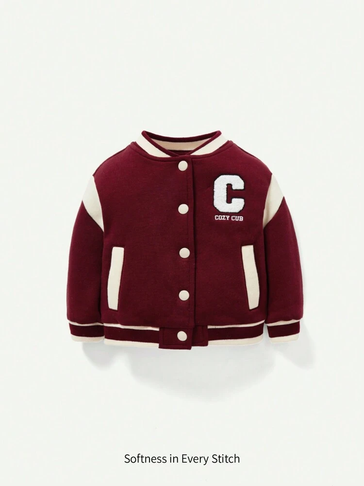 Baby Girl Letter Graphic Striped Trim Varsity Jacket