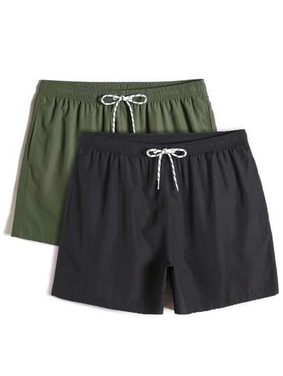 Manfinity Swimmode Herren Einfarbige Shorts Mit Kordelzug Taillenbund Für Den Strand (2 Stück Packung)