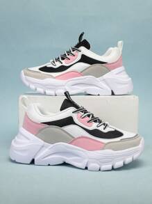 Women Colorblock Lace-up Front Chunky Sneakers, Round Toe Sporty Shoes For Daily - Multicolor - View 6