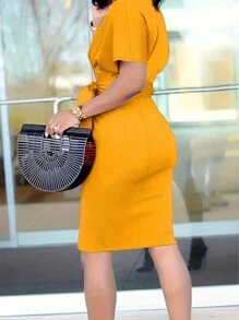 Vestido de unicolor de longitud media ajustado a la cintura para uso diario, elegante y casual de verano para mujeres - Amarillo - Ver 2