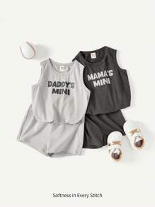 Cozy Pixies Áo ba lỗ không tay cổ tròn in chữ cho bé trai và quần short thường ngày 4 cái/bộ Bộ đồ phù hợp - Xám - Xem 1