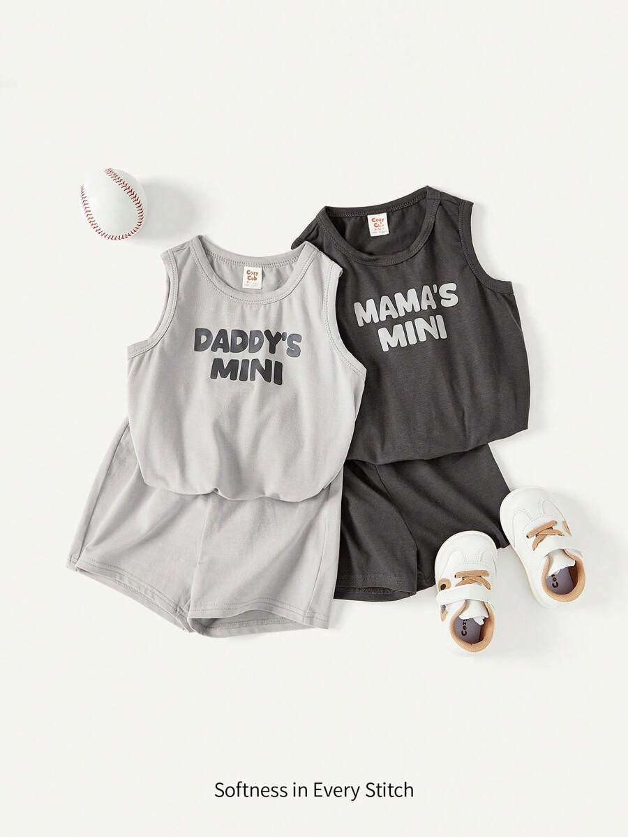 Cozy Pixies Áo ba lỗ không tay cổ tròn in chữ cho bé trai và quần short thường ngày 4 cái/bộ Bộ đồ phù hợp - Xám - Xem 1