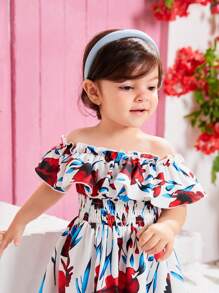 SHEIN Leap Crew Vestido de playa para bebé niña con patrón floral con volantes, hombros descubiertos y cintura ceñida - Multicolor - Ver 3