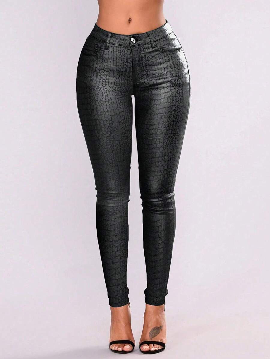 Apperloth A 狂欢朋克高腰斜口袋鳄鱼压纹 PU 皮革锥形紧身九分裤派对性感长裤个性化音乐节