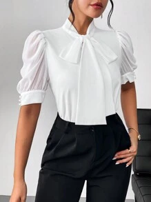 SHEIN Privé Women's Gentle Quality Chiffon Shirt With Bowknot Bubble Sleeves,Short Sleeve Tops