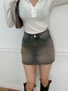 DAZY Women's Zippered Straight Denim Skirt Jeans Skirt - Blue - View 3