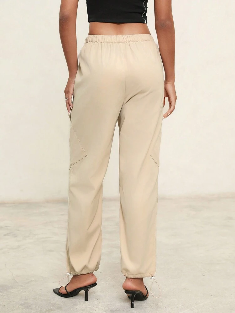 Ladies Casual Asymmetrical Pocket Design Khaki Drawstring Cargo Pants