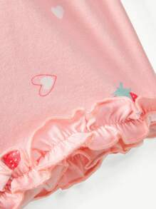 Cozy Pixies Conjunto de 4 piezas para bebé niña con patrón de fresas y ribete de volantes con decoración de lazo en la parte superior de manga corta y pantalones cortos a juego