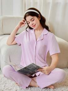 少女粉色簡約短袖上衣和長褲家居服套裝，適用於春夏季 - 粉色 - 查看 4