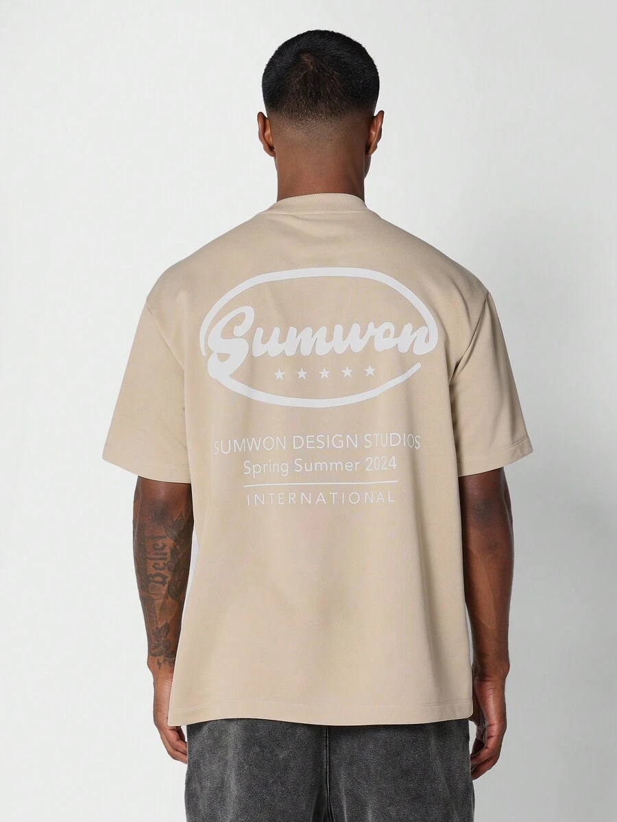 SUMWON Regular Fit Short Sleeve Tee With Front And Back Graphic Print - Khaki - View 1